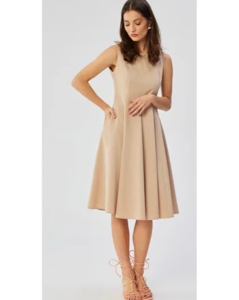 Rochie dama, evazata fara maneci, Poliester, 45872, Bej