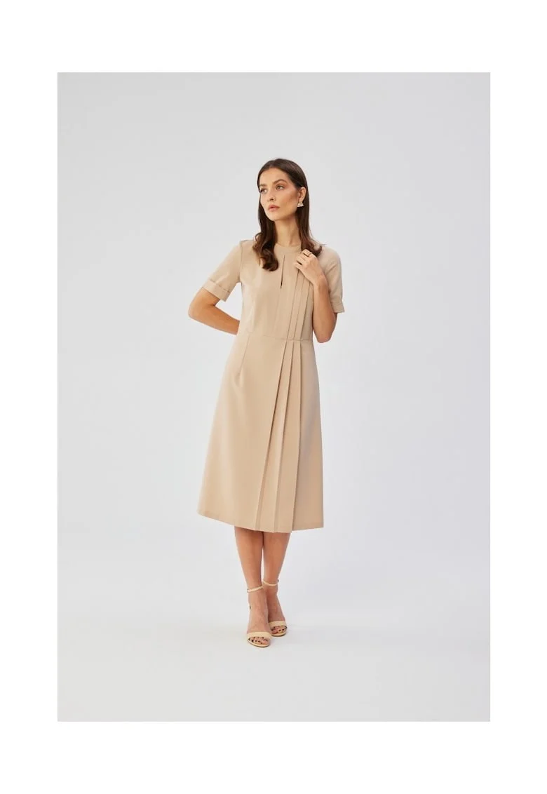 Rochie dama, cu pliuri laterale decorative, Poliester, 36798, Bej