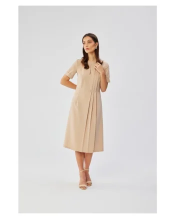 Rochie dama, cu pliuri laterale decorative, Poliester, 36798, Bej