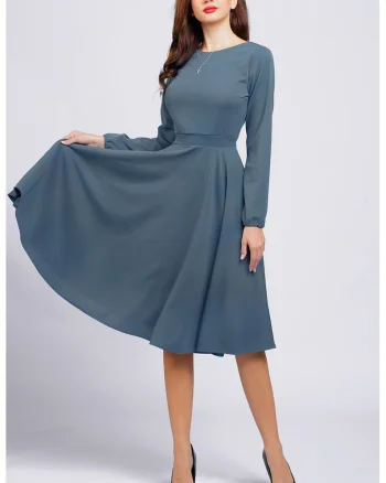 Rochie midi evazata cu decolteu barcuta, Albastru prafuit
