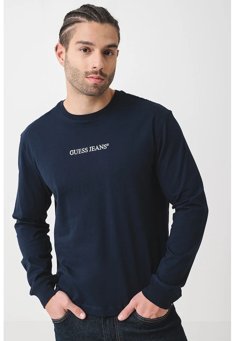 Bluza de bumbac cu logo brodat, Albastru inchis