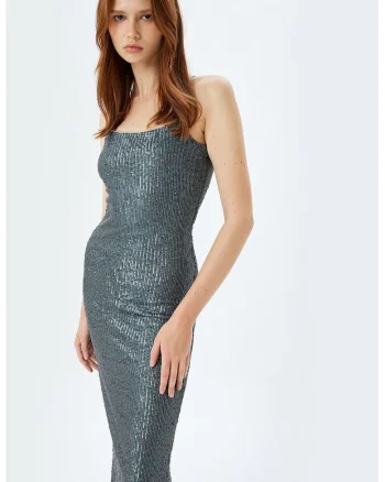 Rochie midi cu paiete, Albastru prafuit