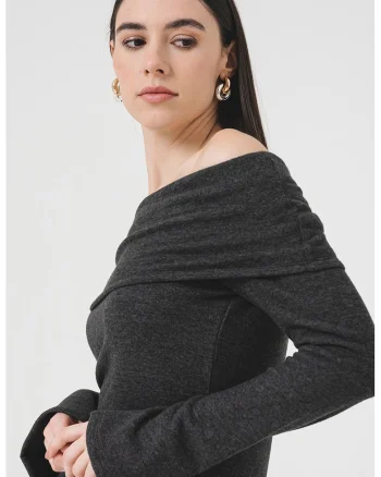 Bluza cu decolteu pe umeri Bella, Gri inchis melange