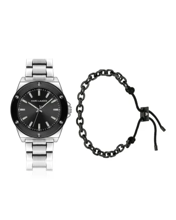 Set de ceas analog si bratara, Argintiu/Negru