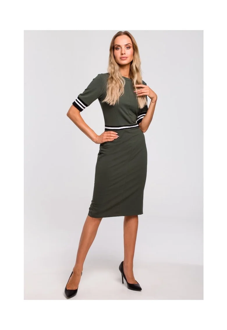 Rochie de dama  Cu maneca, Bumbac, Elastan, Alb, Negru, Verde militar, Alb/Verde/Negru