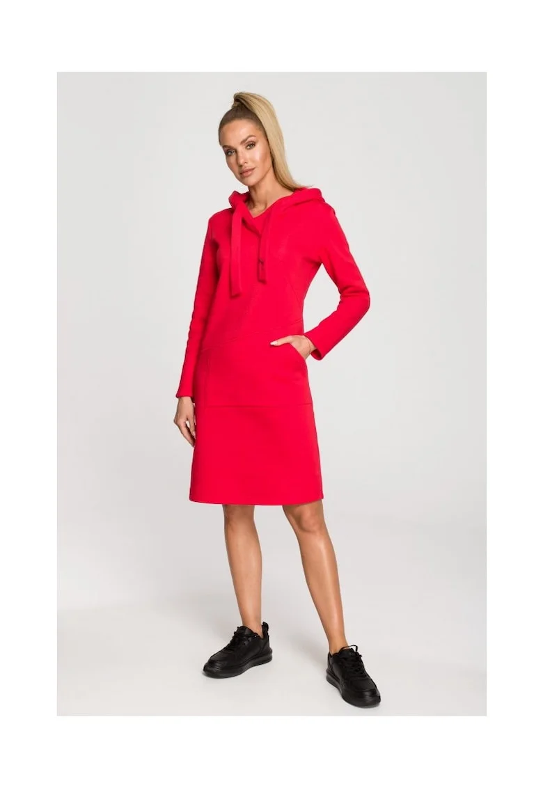 Rochie cu gluga \ Bumbac, Ecru, Rosu
