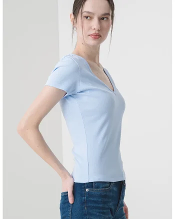 Tricou slim fit cu decolteu in V, Albastru pastel