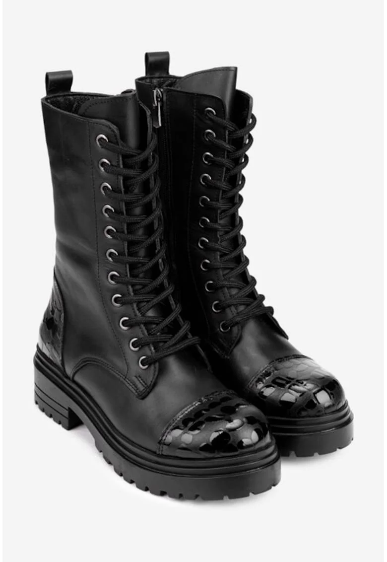 Ghete dama negre din piele naturala cu insertii negre lucioase