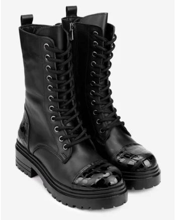Ghete dama negre din piele naturala cu insertii negre lucioase