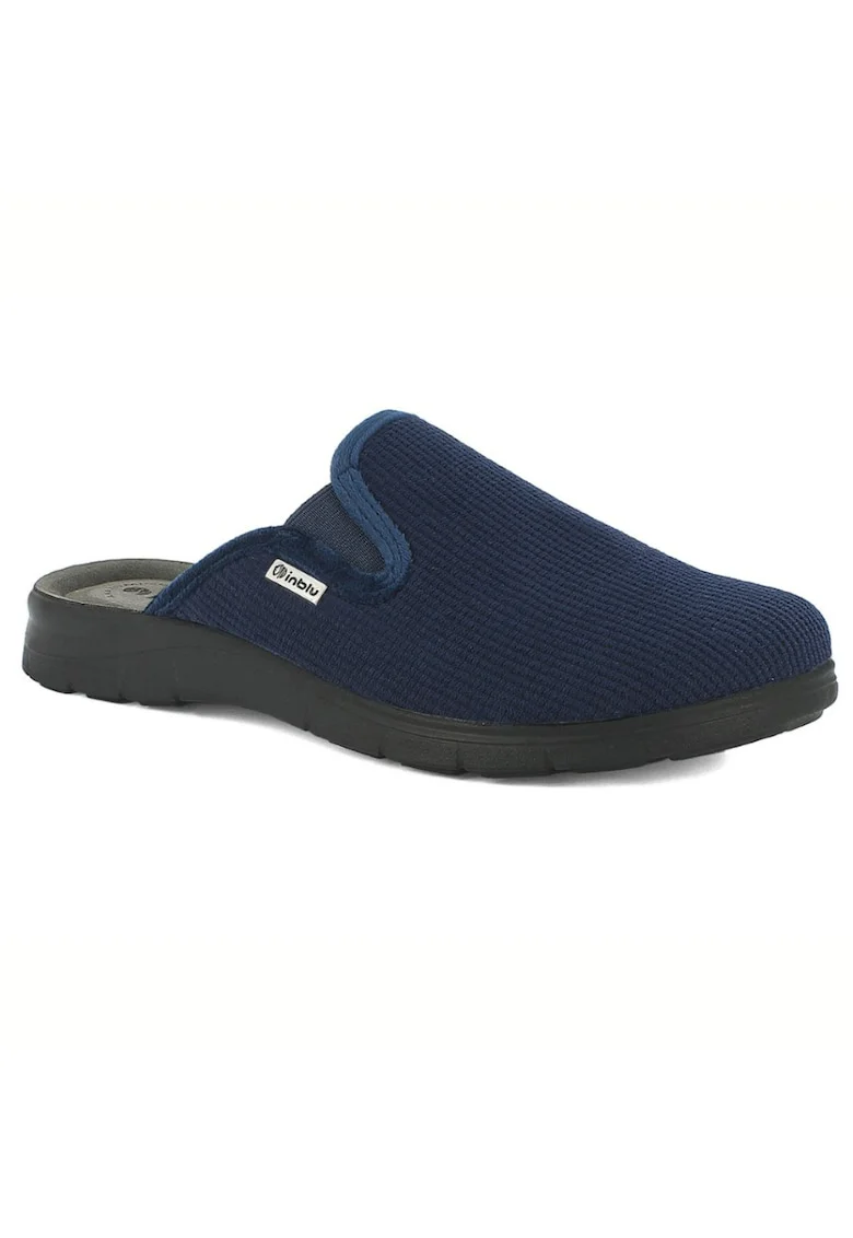 Papuci de casa confortabili,  pentru barbati, albastru raiat, cu elastic, talpic piele, Albastru inchis