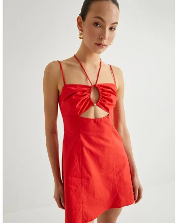 Rochie mini din amestec de in, Rosu vermillion