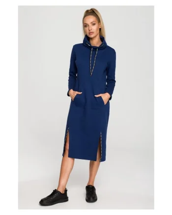 Rochie midi cu dungi logo, Roz, Bumbac, Bleumarin
