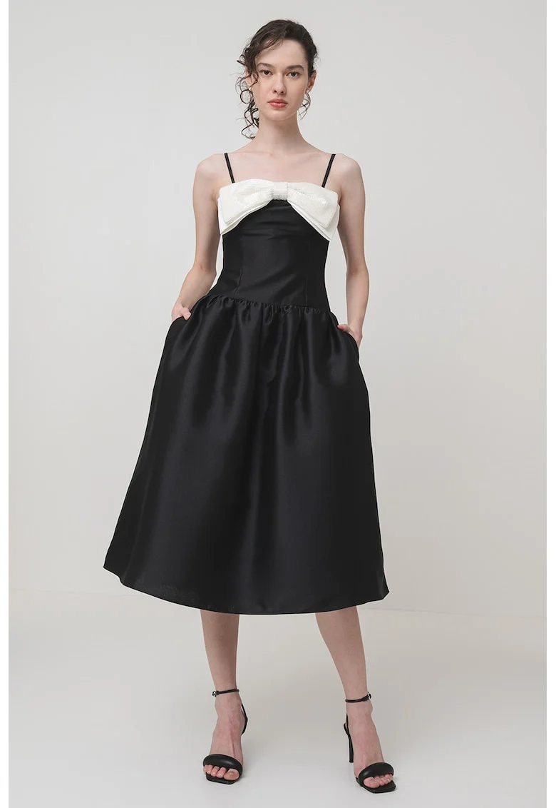 Rochie midi evazata cu funda, Negru