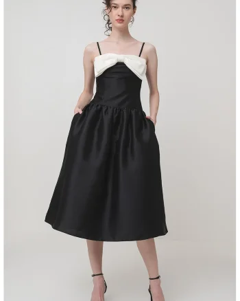 Rochie midi evazata cu funda, Negru