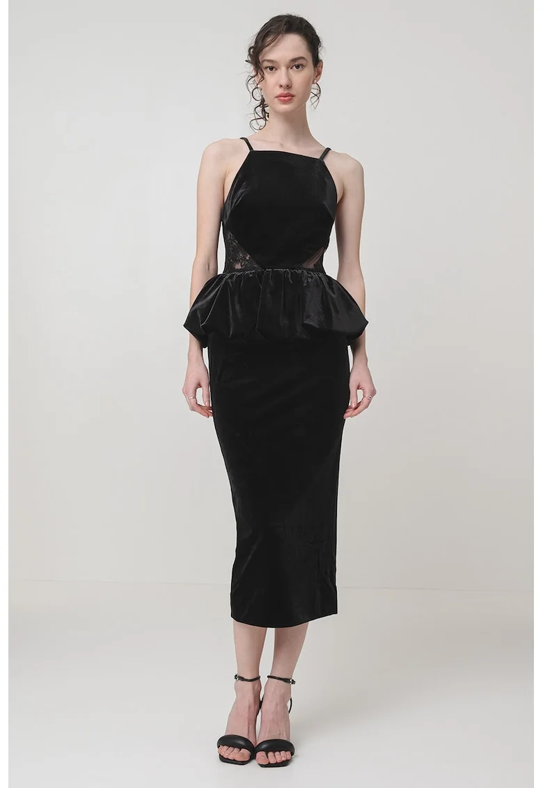 Rochie midi cambrata cu aspect de catifea, Negru