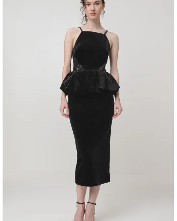 Rochie midi cambrata cu aspect de catifea, Negru