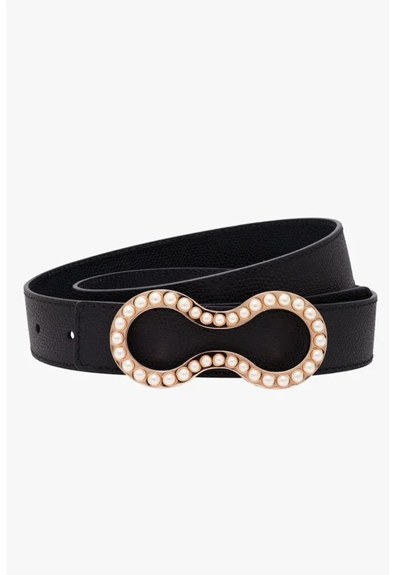 Curea de piele cu catarama din alama placata cu aur de 14K Signature Pearl, Negru