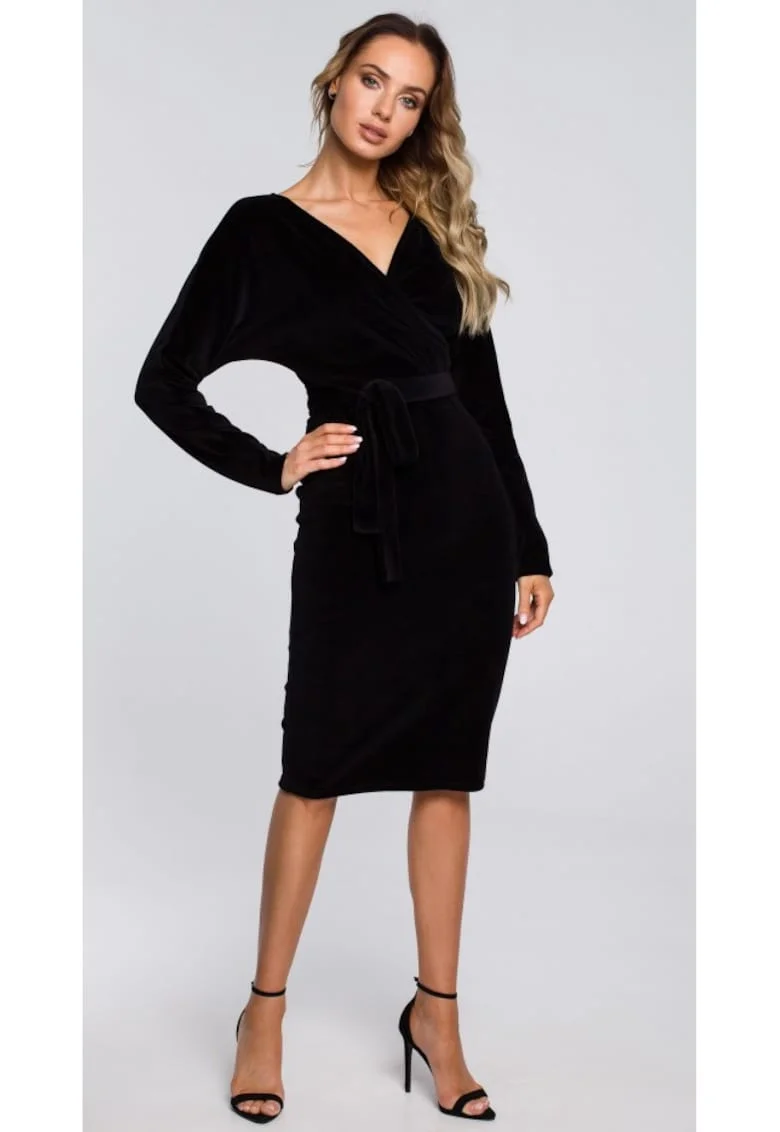 Rochie din catifea cu partea de sus invelita si curea - negru, Negru
