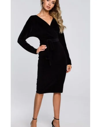 Rochie din catifea cu partea de sus invelita si curea - negru, Negru