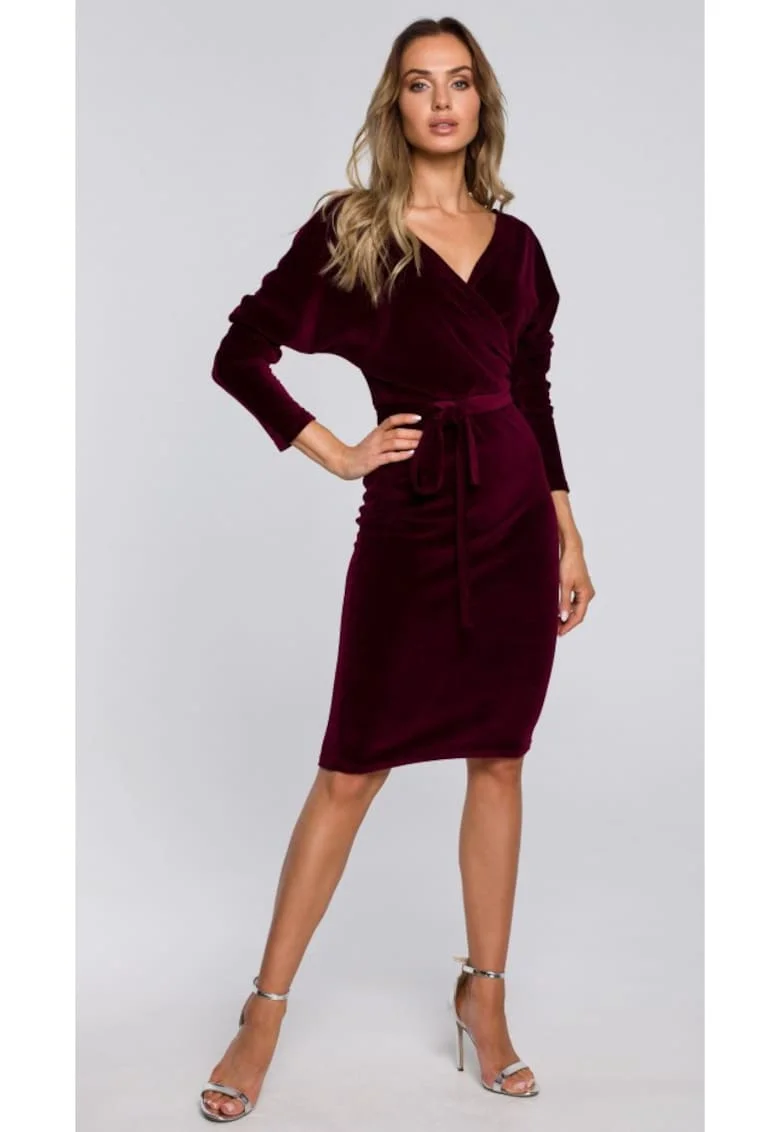 Rochie din catifea cu partea de sus invelita si curea - negru, Visiniu