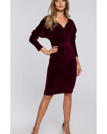 Rochie din catifea cu partea de sus invelita si curea - negru, Visiniu