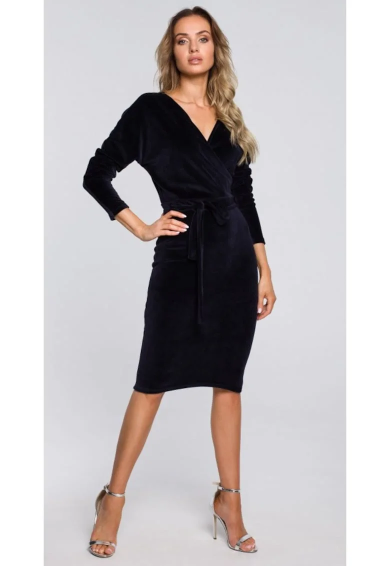 Rochie din catifea cu partea de sus invelita si curea - negru, Albastru