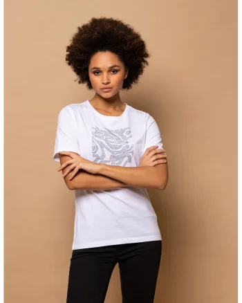 Tricou cu decolteu la baza gatului si strasuri Mandra, Alb/Argintiu