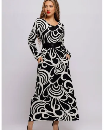 Rochie cu model si buzunare laterale, Negru/Alb optic
