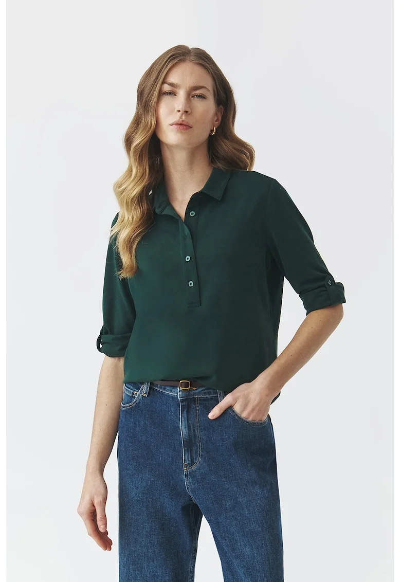 Bluza polo cu maneci ajustabile, Verde inchis