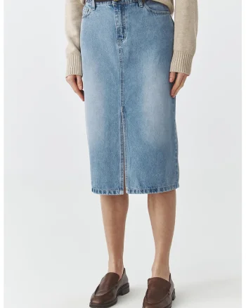 Fusta midi de denim cu slit frontal, Albastru pastel
