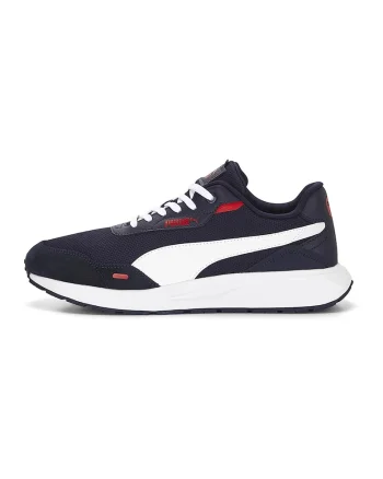 Pantofi sport de piele ecologica si plasa, Runtamed, Alb/Bleumarin