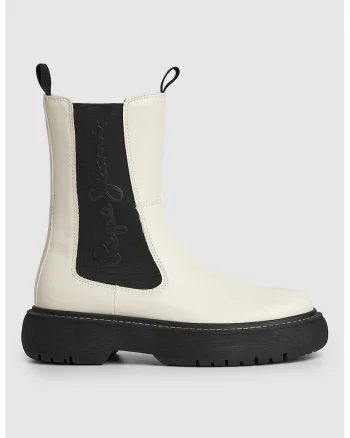 Ghete Chelsea de piele ecologica cu logo, Alb/Negru