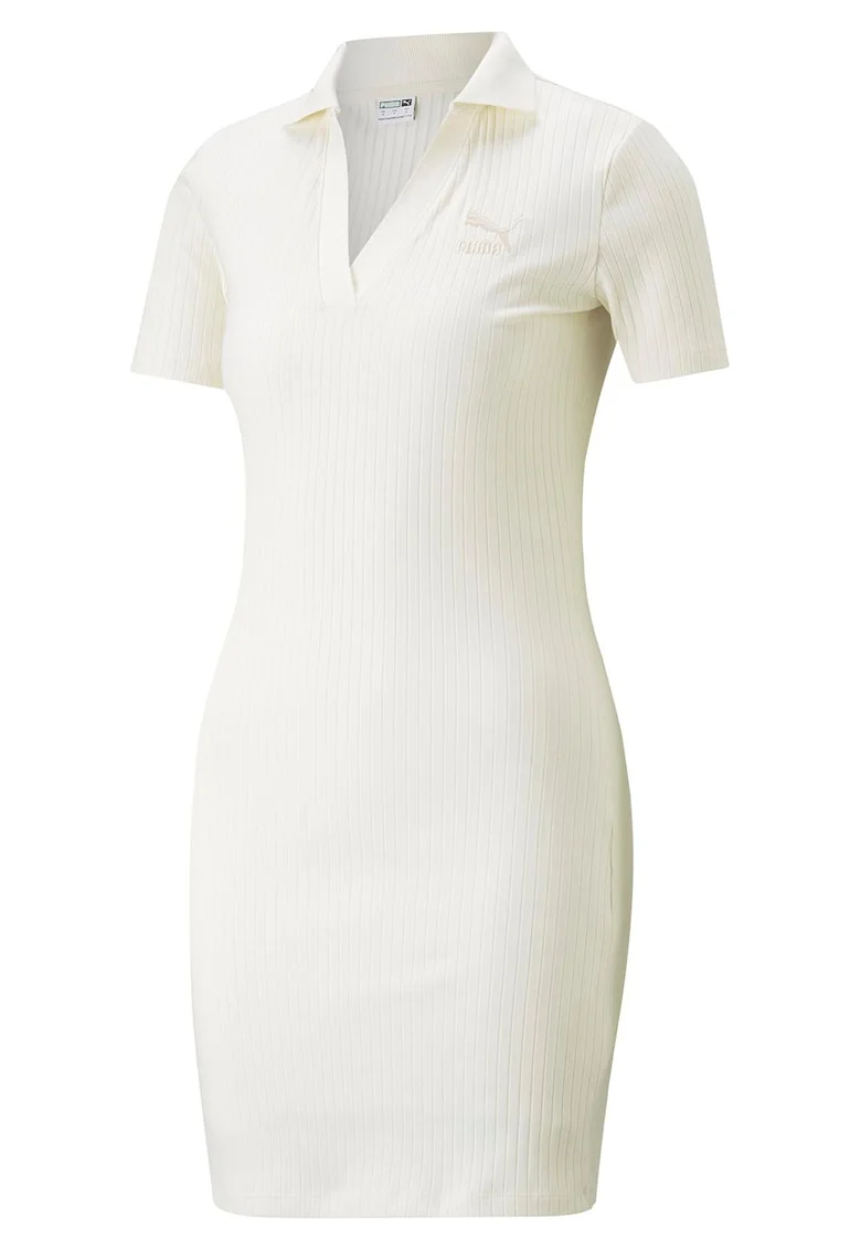 Rochie cu striatii si guler ascutit Classic, Alb murdar