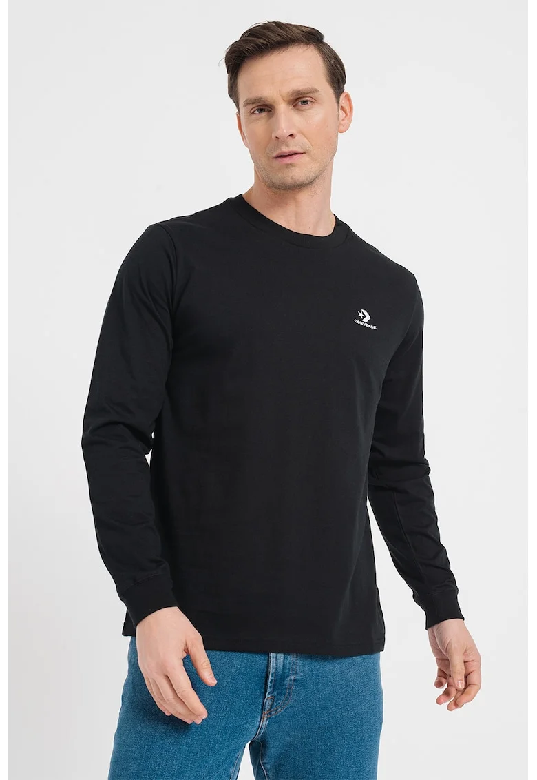 Bluza unisex cu decolteu la baza gatului si logo brodat, Negru