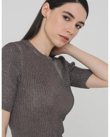 Tricou striat cu decolteu la baza gatului, Gri inchis