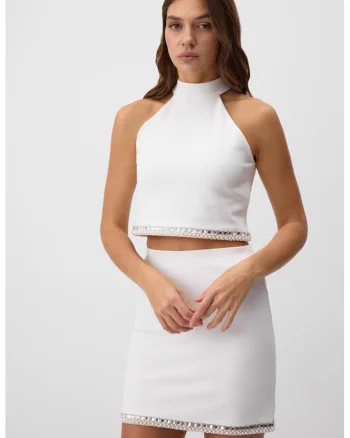 Bluza crop cu decolteu halter, Alb