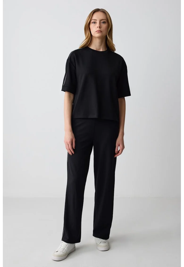 Pantaloni drepti din amestec de modal cu talie inalta, Negru