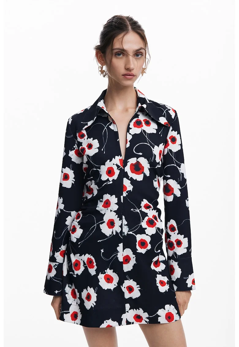 Rochie mini cu model floral, Rosu/Alb/Negru