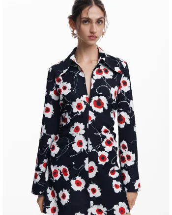 Rochie mini cu model floral, Rosu/Alb/Negru