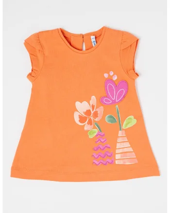 Rochie scurta cu croiala in A, imprimeu in dungi si model floral, Portocaliu deschis