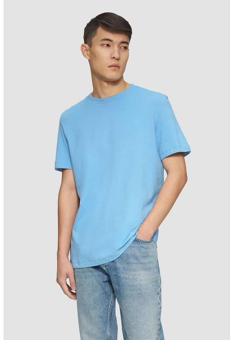 Tricou cu decolteu la baza gatului, din bumbac, Albastru pastel