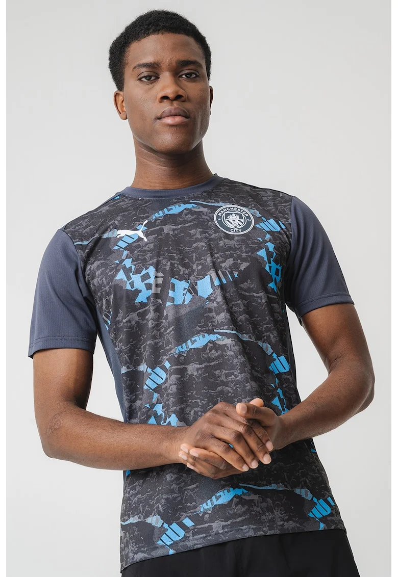 Tricou cu decolteu la baza gatului si imprimeu, Gri carbune/Albastru royal