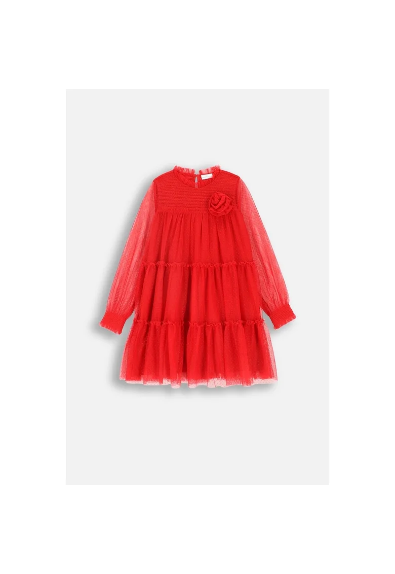 Rochie din tul cu aspect stratificat si aplicatie florala, Rosu
