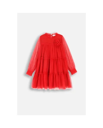Rochie din tul cu aspect stratificat si aplicatie florala, Rosu