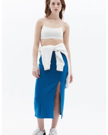 Fusta midi cu slit lateral, Albastru