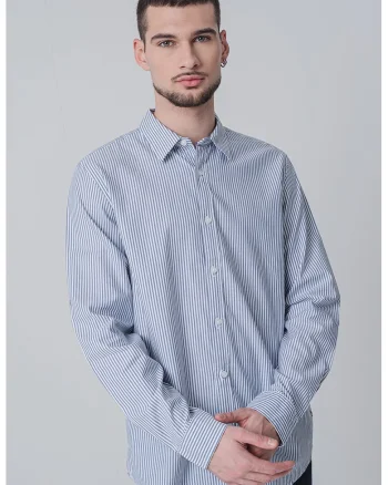 Camasa cu maneci lungi si model in dungi, Alb optic/Bleumarin