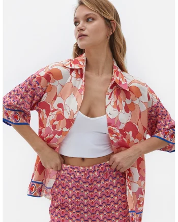 Camasa din viscoza cu imprimeu floral, Roz pastel/Piersica/Alb murdar