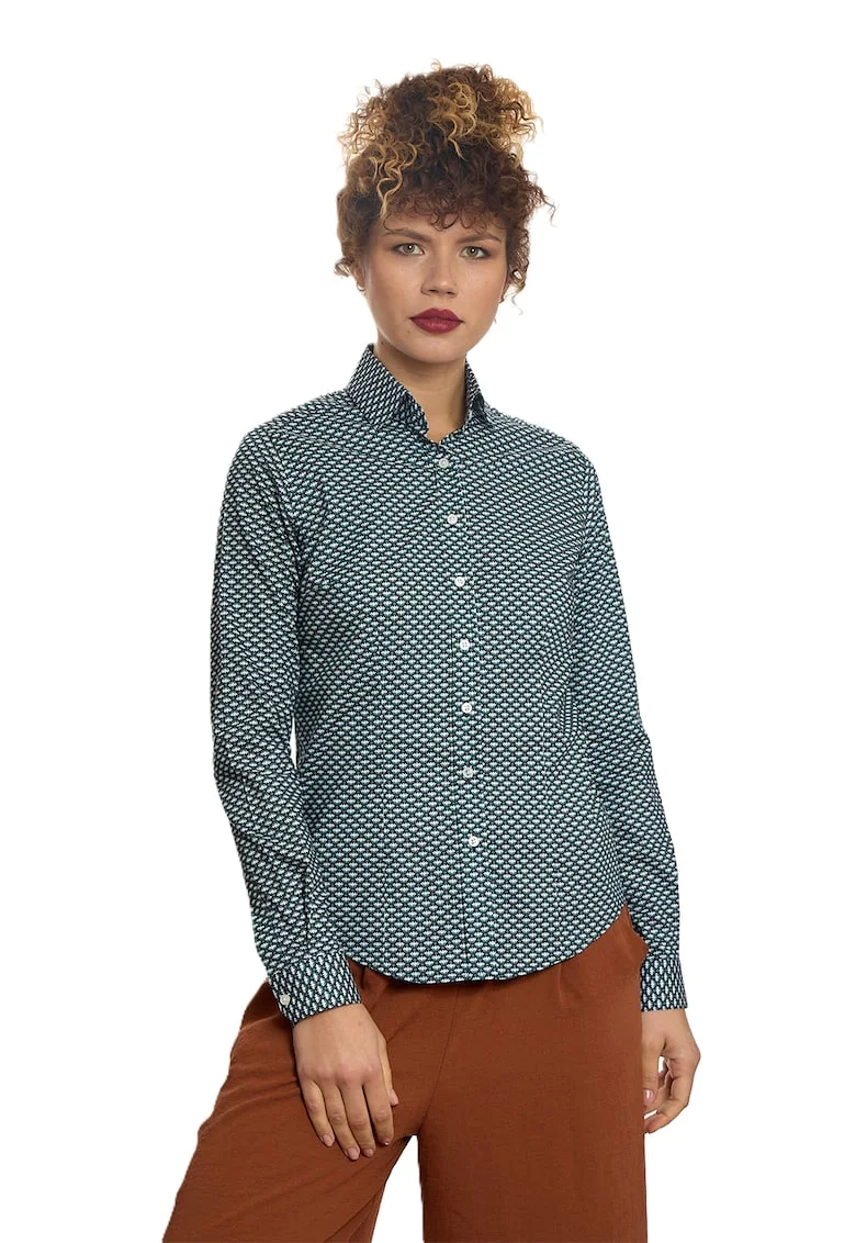 Camasa cu maneci lungi si model, Alb/Verde inchis