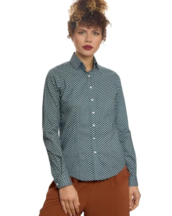 Camasa cu maneci lungi si model, Alb/Verde inchis