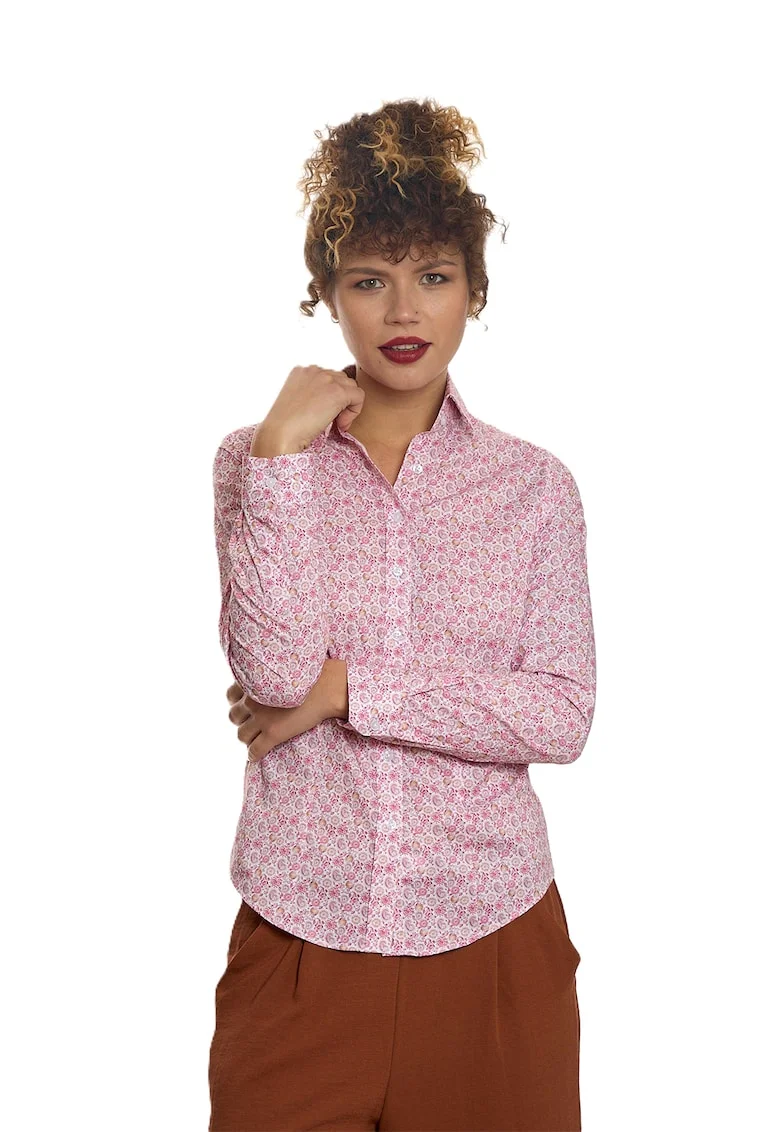 Camasa cu maneci lungi si model, Alb/Fucsia